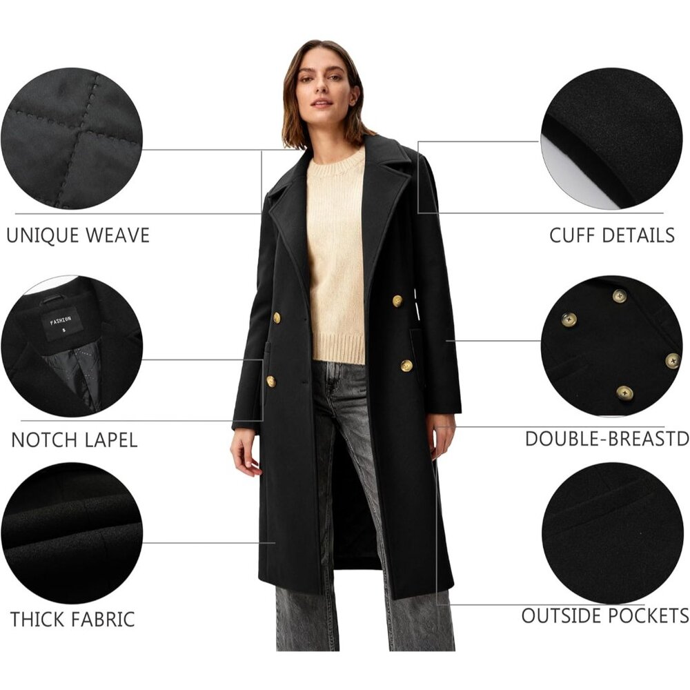 Women's Black Winter Double-breasted Long Overcoat Classic Casual Trench Coat - Picture 6 of 7